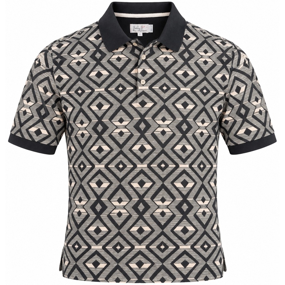 Greg Norman Mens Large Black Tan Geometric Diamond Polo Shirt Short Sleeve Golf